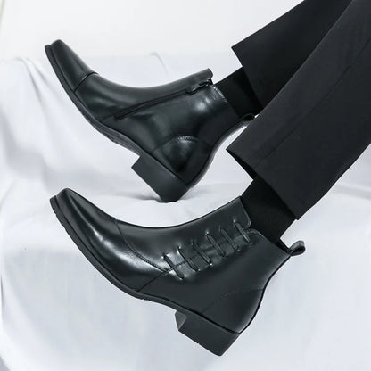 Stylish Leather Ankle Boot for Women with Pointed Toe Side Zip Lace Up Detail Casual Style