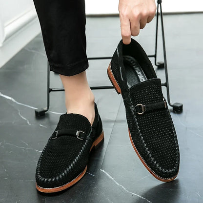 Elegant Perforated Suede Loafer for Women with Whipstitch Trim Metal Bit Slip On Style