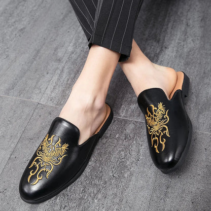 Elegant Embroidered Mule Loafer for Women with Round Toe Backless Slip On Casual Style