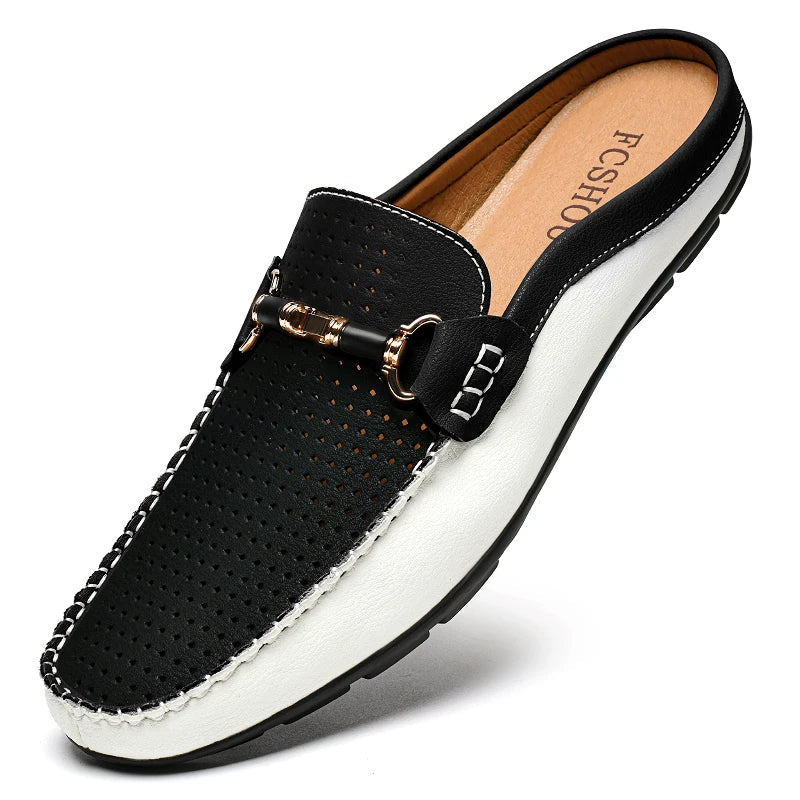 Effortless Perforated Leather Loafer Mule for Women with Horsebit Buckle Slip On Contrast Sole Style