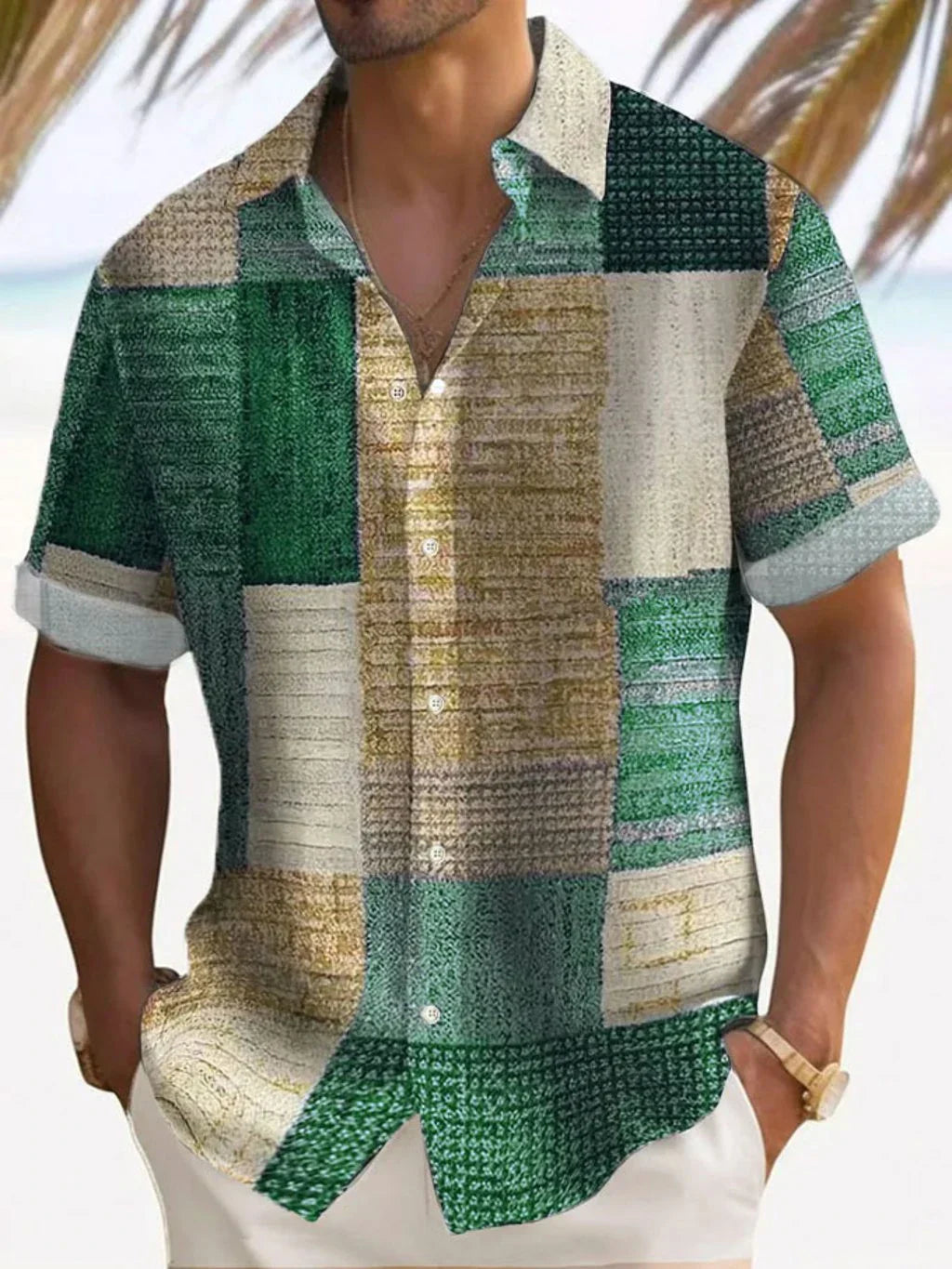 Effortless Patchwork Print Shirt for Women with Collared V Neck Short Sleeve Relaxed Button Front Casual Style