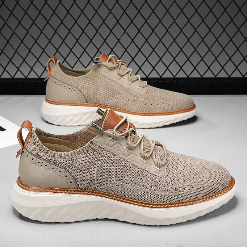 Effortless Knit Mesh Sneaker for Women with Lace Up Perforated Leather Trim Cushioned Style