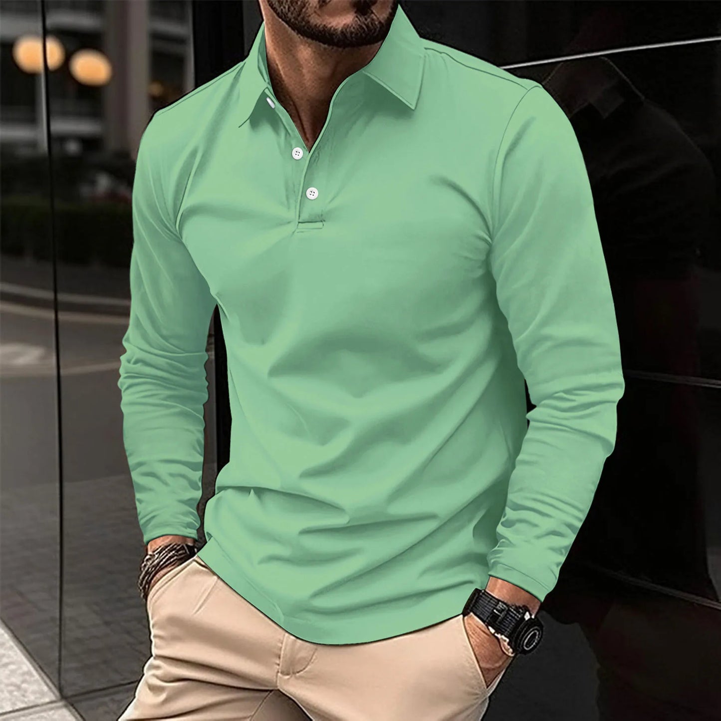 Effortless Pique Polo Shirt for Women with Collar Long Sleeve Button Placket Ribbed Cuff Casual Style
