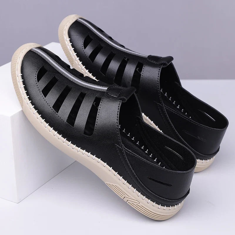 Effortless Leather Fisherman Sandal for Women with Cutout Vamp Slip On Stitched Sole Casual Style