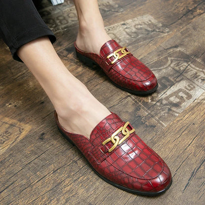 Elegant Croc Embossed Leather Mule for Women with Gold Chain Link Backless Slip On Style