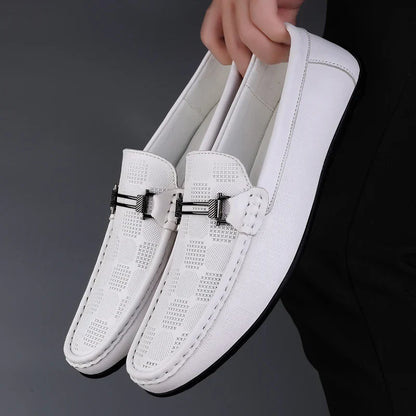 Stylish Leather Loafer for Women with Metal Buckle Perforated Slip On Casual Style