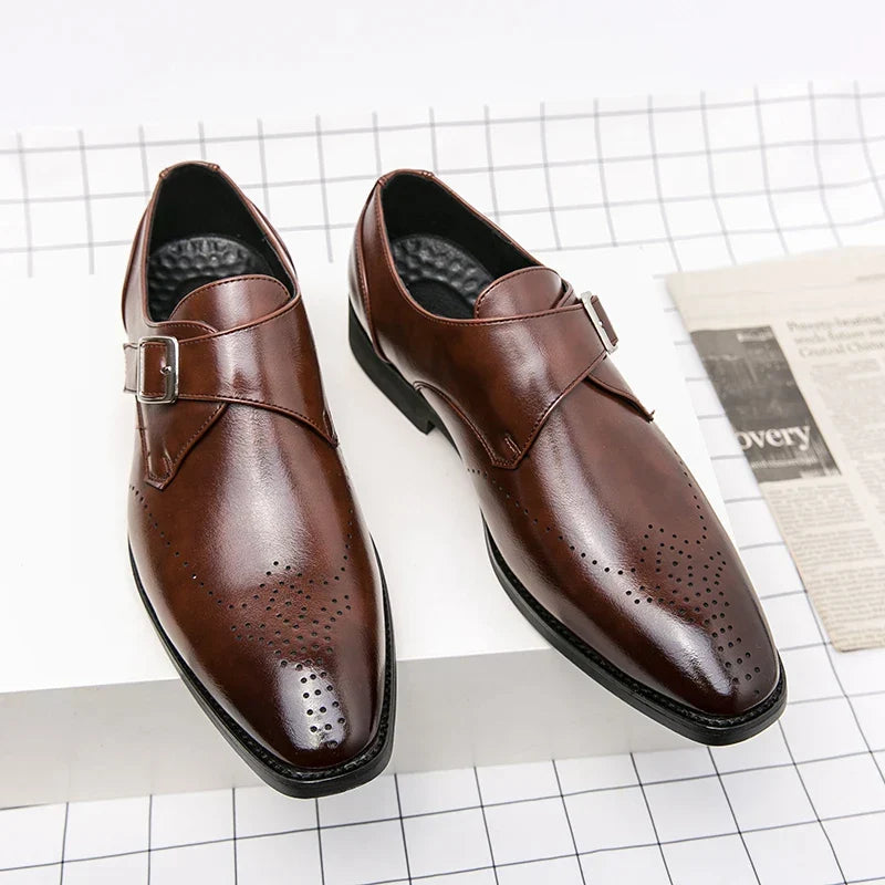 Elegant Leather Monk Strap Loafers for Women with Buckle Strap Brogue Detail Pointed Toe Style
