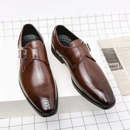 Elegant Leather Monk Strap Loafers for Women with Buckle Strap Brogue Detail Pointed Toe Style