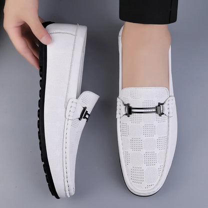 Stylish Leather Loafer for Women with Metal Buckle Perforated Slip On Casual Style