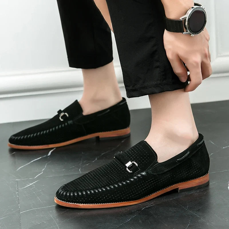 Elegant Perforated Suede Loafer for Women with Whipstitch Trim Metal Bit Slip On Style