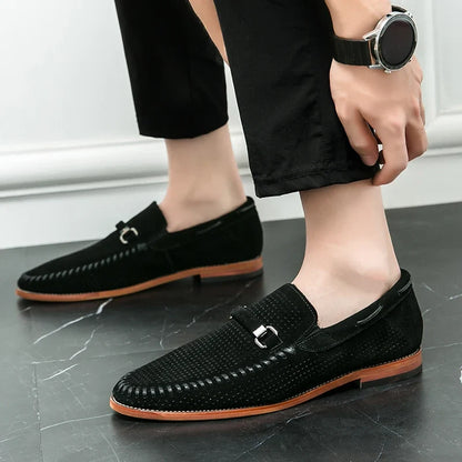 Elegant Perforated Suede Loafer for Women with Whipstitch Trim Metal Bit Slip On Style