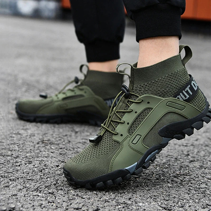Comfortable Knit Mesh Fashion Sneaker for Women with Sock Style Collar Bungee Lace Rugged Lug Sole Outdoor Style