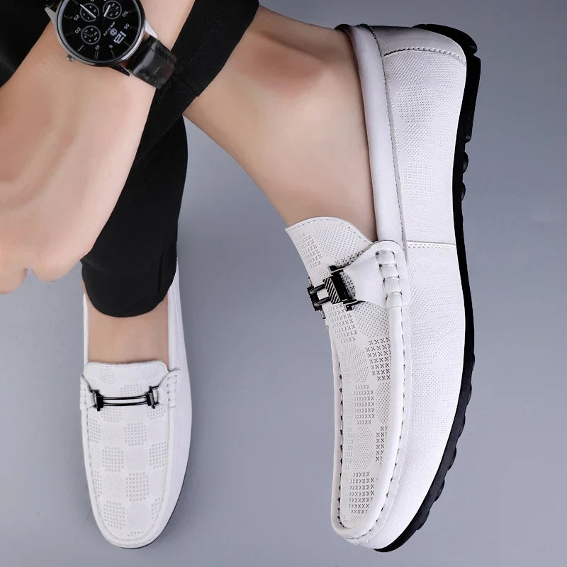 Stylish Leather Loafer for Women with Metal Buckle Perforated Slip On Casual Style