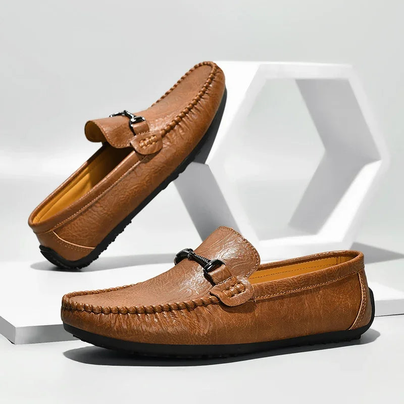 Elegant Embossed Leather Loafer for Women with Horsebit Buckle Moc Toe Stitched Driving Style