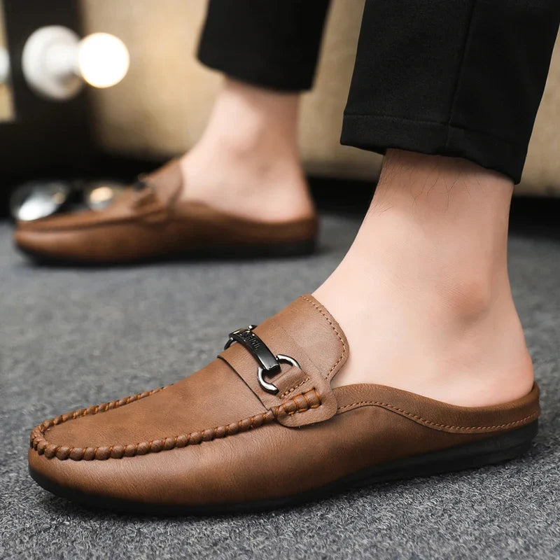 Effortless Leather Mule Loafer for Women with Buckle Strap Backless Slip On Casual Style