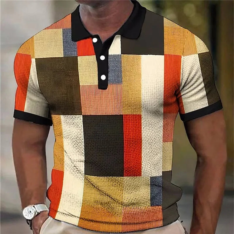 Effortless Colorblock Patchwork Polo Shirt with Collared Short Sleeve Button Placket Casual Style