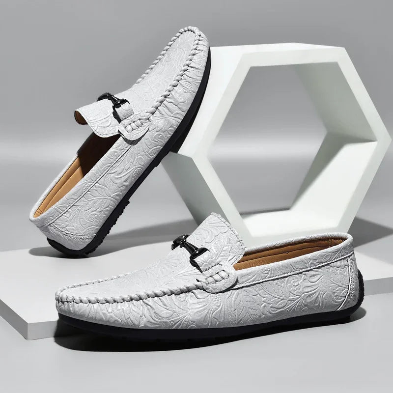 Elegant Embossed Leather Loafer for Women with Horsebit Buckle Moc Toe Stitched Driving Style