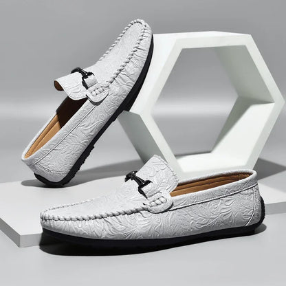 Elegant Embossed Leather Loafer for Women with Horsebit Buckle Moc Toe Stitched Driving Style