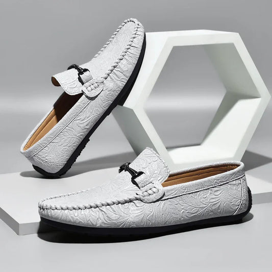 Elegant Embossed Leather Loafer for Women with Horsebit Buckle Moc Toe Stitched Driving Style