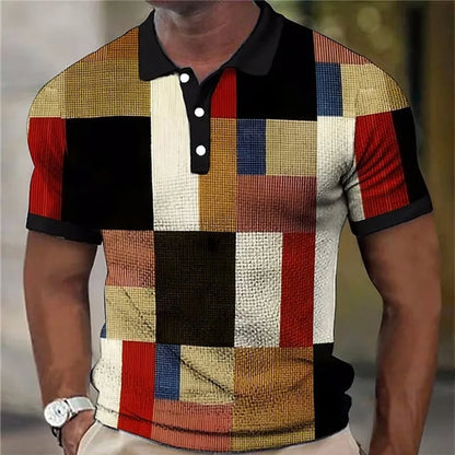 Effortless Colorblock Patchwork Polo Shirt with Collared Short Sleeve Button Placket Casual Style