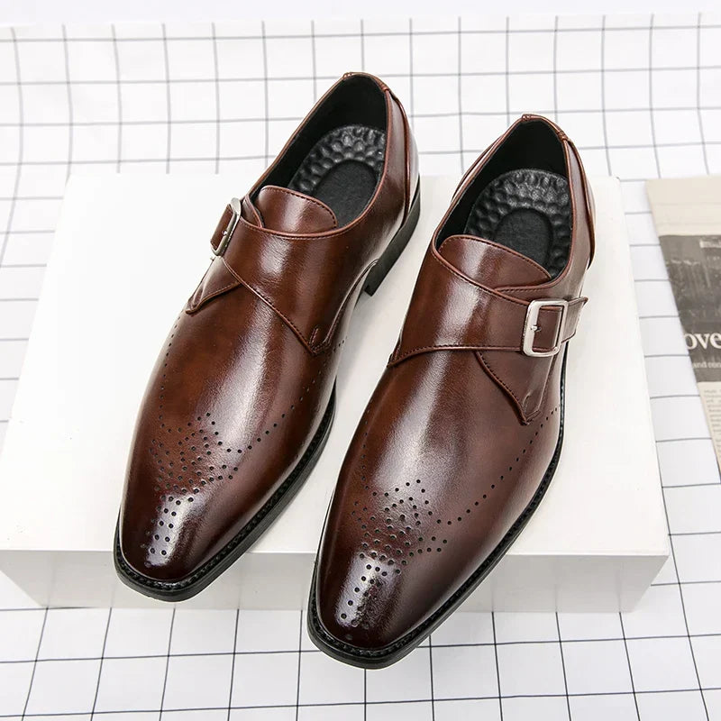 Elegant Leather Monk Strap Loafers for Women with Buckle Strap Brogue Detail Pointed Toe Style
