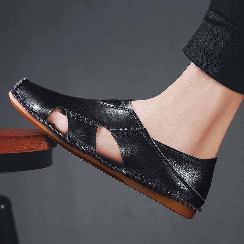 Effortless Leather Cutout Sandals for Women with Hand Stitched Closed Toe Slip On Casual Style