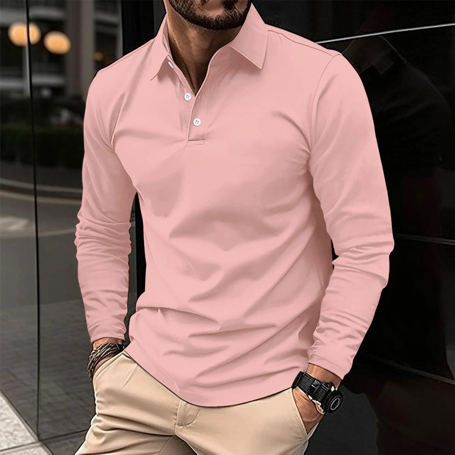 Effortless Pique Polo Shirt for Women with Collar Long Sleeve Button Placket Ribbed Cuff Casual Style