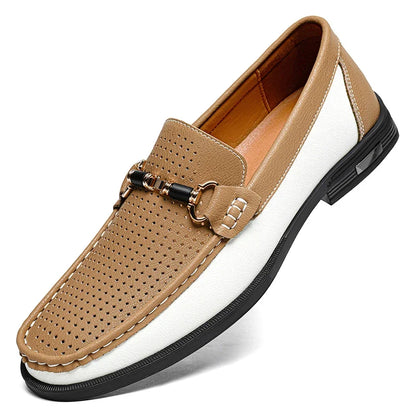 Effortless Perforated Leather Loafer with Horsebit Buckle Color Block Slip On Casual Style