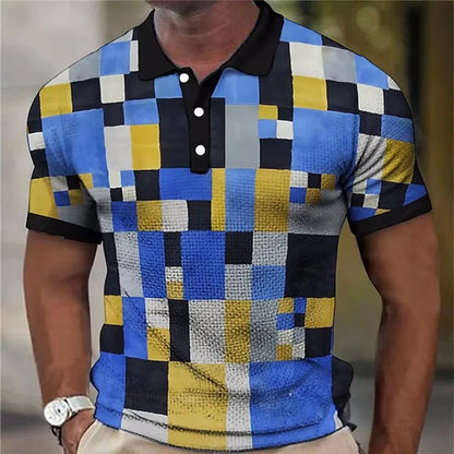 Effortless Colorblock Patchwork Polo Shirt with Collared Short Sleeve Button Placket Casual Style