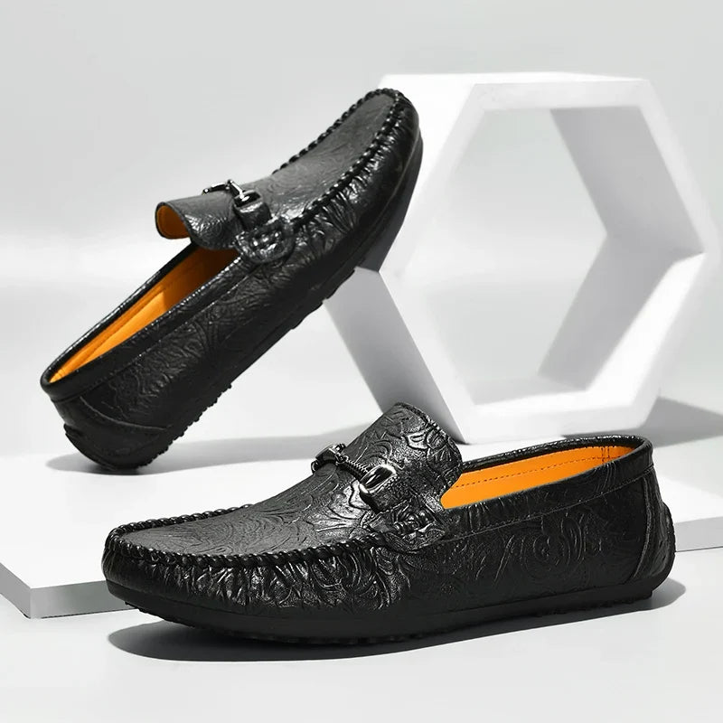 Elegant Embossed Leather Loafer for Women with Horsebit Buckle Moc Toe Stitched Driving Style