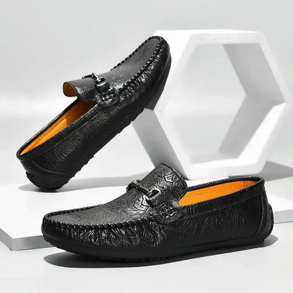 Elegant Embossed Leather Loafer for Women with Horsebit Buckle Moc Toe Stitched Driving Style