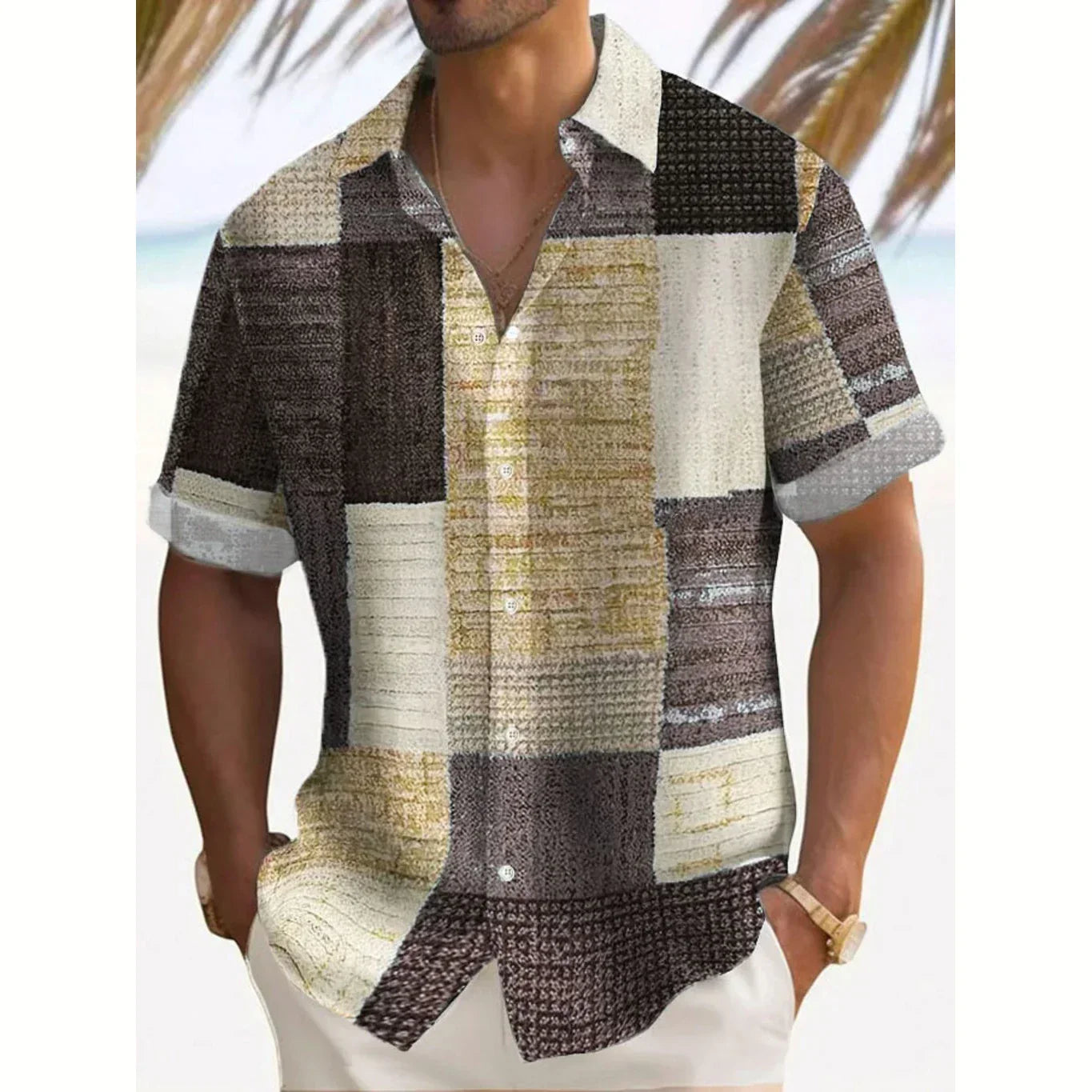 Effortless Patchwork Print Shirt for Women with Collared V Neck Short Sleeve Relaxed Button Front Casual Style