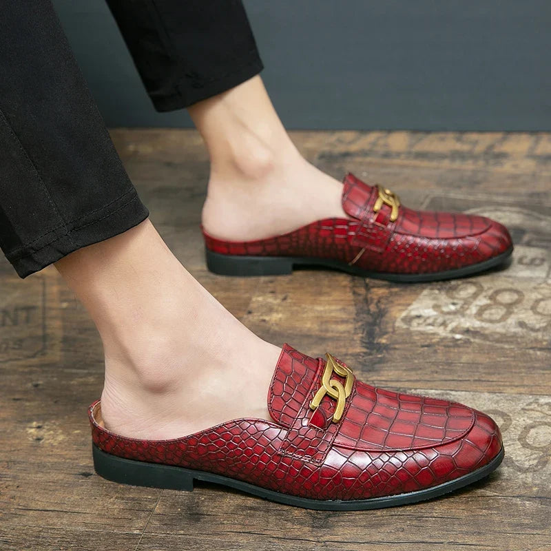Elegant Croc Embossed Leather Mule for Women with Gold Chain Link Backless Slip On Style