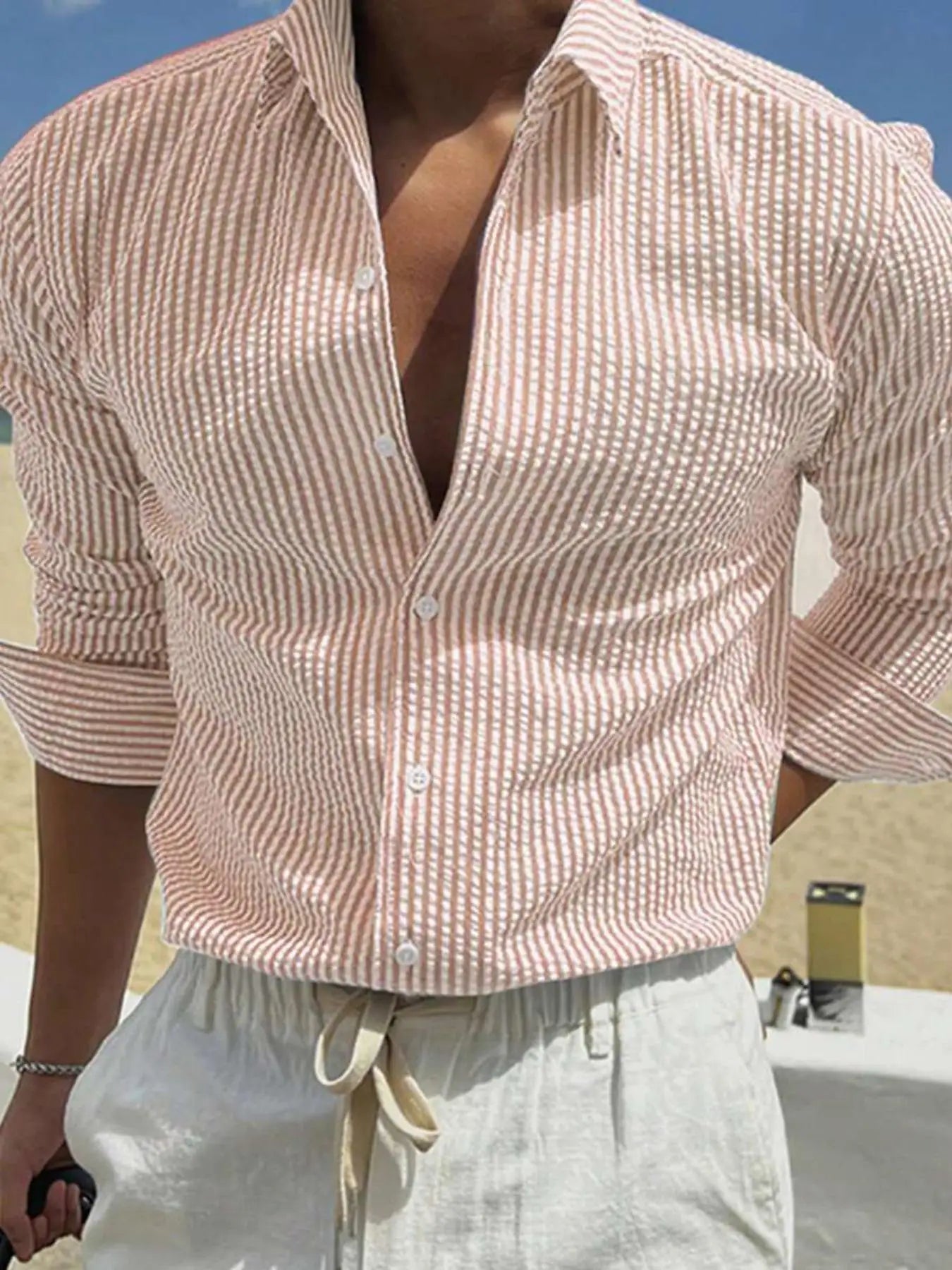 Effortless Blue Striped Seersucker Blouse for Women with Collar Long Sleeve Button Front Relaxed Style