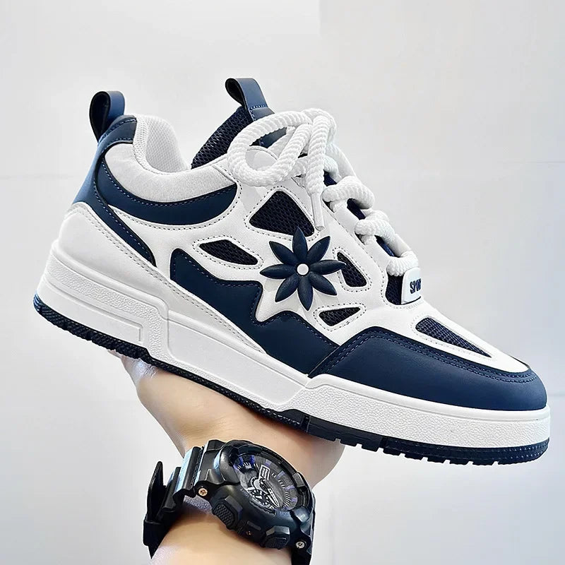 Stylish Mesh Panel Sneakers for Women with Lace Up Front Floral Applique Chunky Platform Style