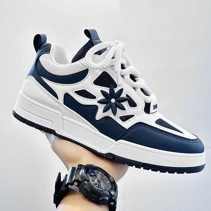 Stylish Mesh Panel Sneakers for Women with Lace Up Front Floral Applique Chunky Platform Style