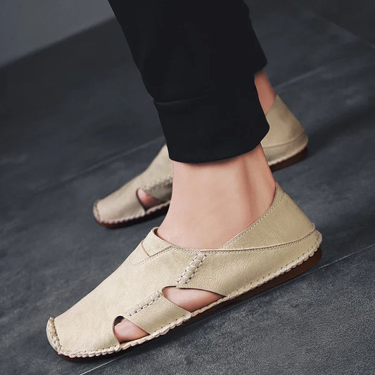 Effortless Leather Cutout Sandals for Women with Hand Stitched Closed Toe Slip On Casual Style