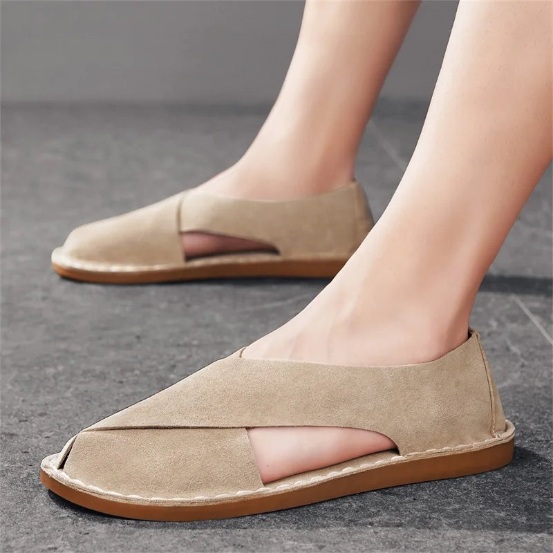 Effortless Suede Slip-On Sandals for Women with Closed Toe Cutout Side Flat Casual Style