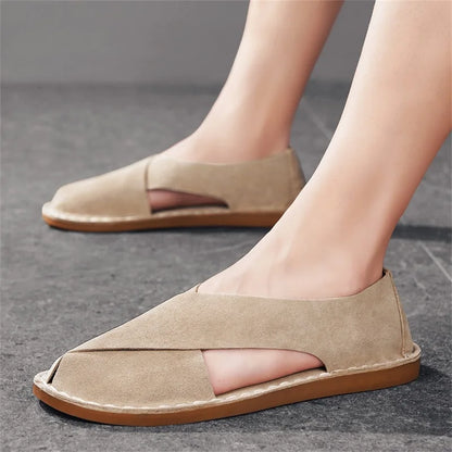 Effortless Suede Slip-On Sandals for Women with Closed Toe Cutout Side Flat Casual Style