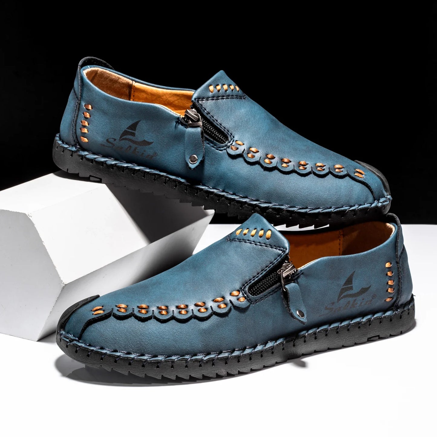 Comfortable Leather Loafer for Women with Hand Stitched Slip On Zipper Detail Casual Style