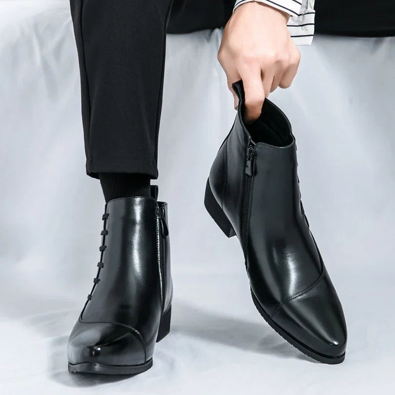 Stylish Leather Ankle Boot for Women with Pointed Toe Side Zip Lace Up Detail Casual Style