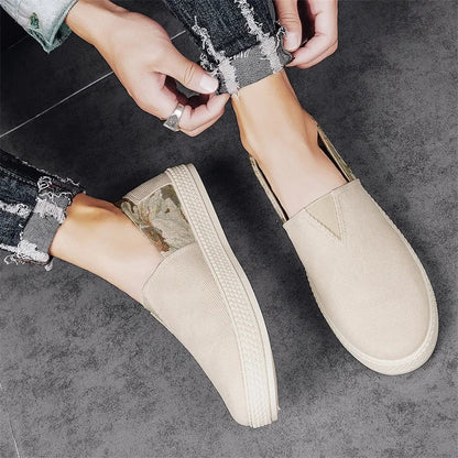 Effortless Canvas Slip-On Sneaker for Women with Floral Panel Braided Sole Casual Style
