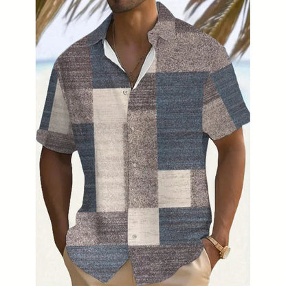 Effortless Patchwork Print Shirt for Women with Collared V Neck Short Sleeve Relaxed Button Front Casual Style