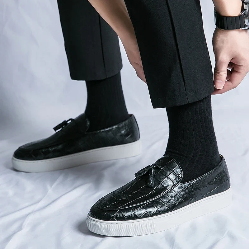 Elegant Crocodile Embossed Tassel Loafers for Women with Slip On Platform Sole Casual Style