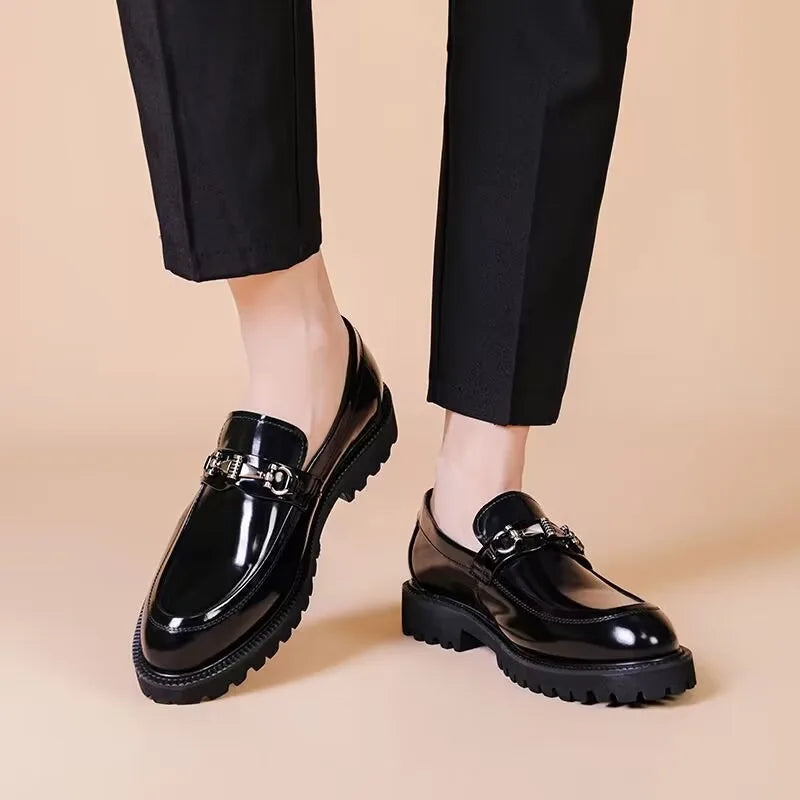 Elegant Patent Leather Loafer for Women with Horsebit Buckle Chunky Lug Sole Casual Style