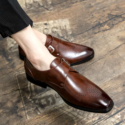 Elegant Leather Monk Strap Loafers for Women with Buckle Strap Brogue Detail Pointed Toe Style
