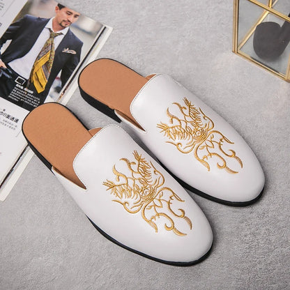 Elegant Embroidered Mule Loafer for Women with Round Toe Backless Slip On Casual Style