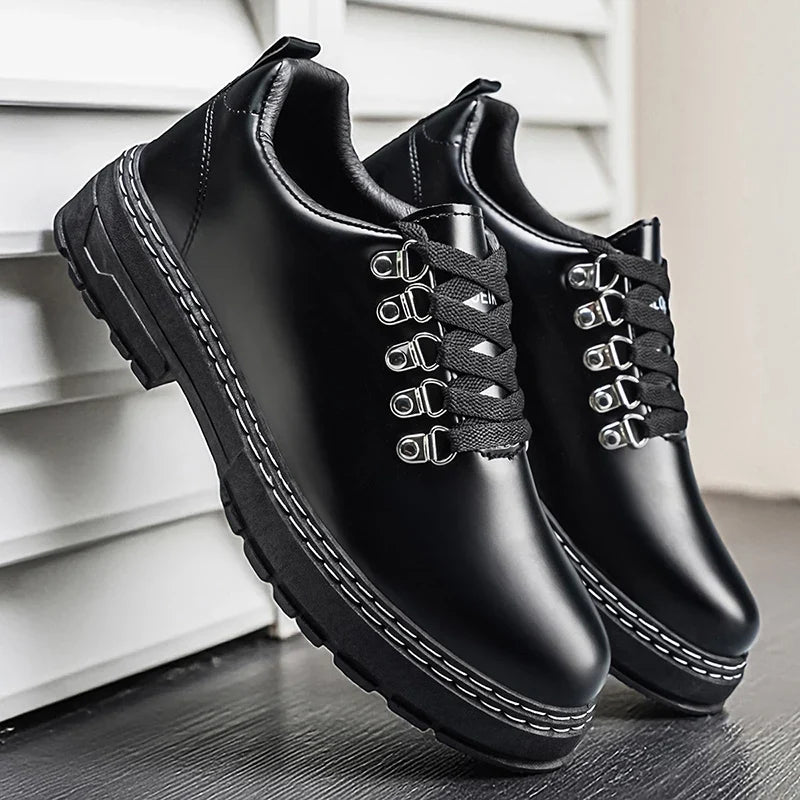 Stylish Black Leather Platform Shoe for Women with Lace Up D Ring Chunky Sole Casual Style