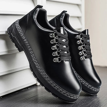 Stylish Black Leather Platform Shoe for Women with Lace Up D Ring Chunky Sole Casual Style