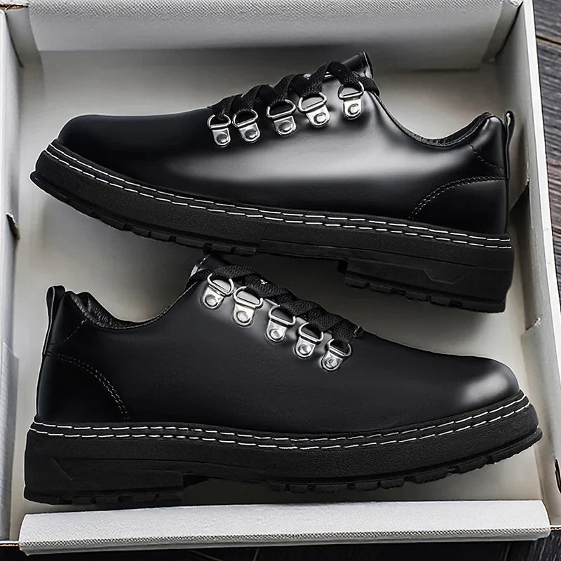 Stylish Black Leather Platform Shoe for Women with Lace Up D Ring Chunky Sole Casual Style
